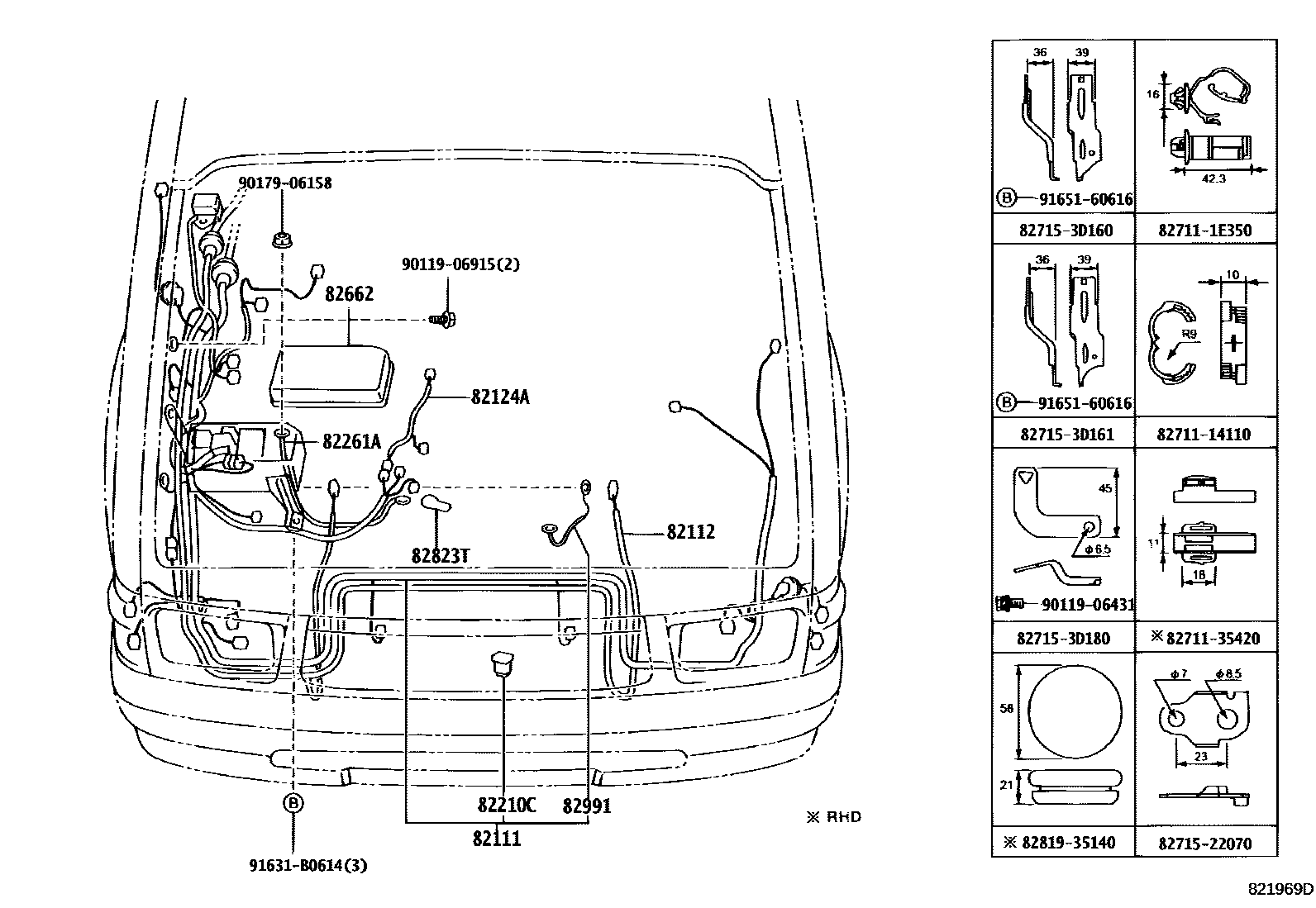 Toyota HILUX 线束和卡夹 EPC diagram — 821969D