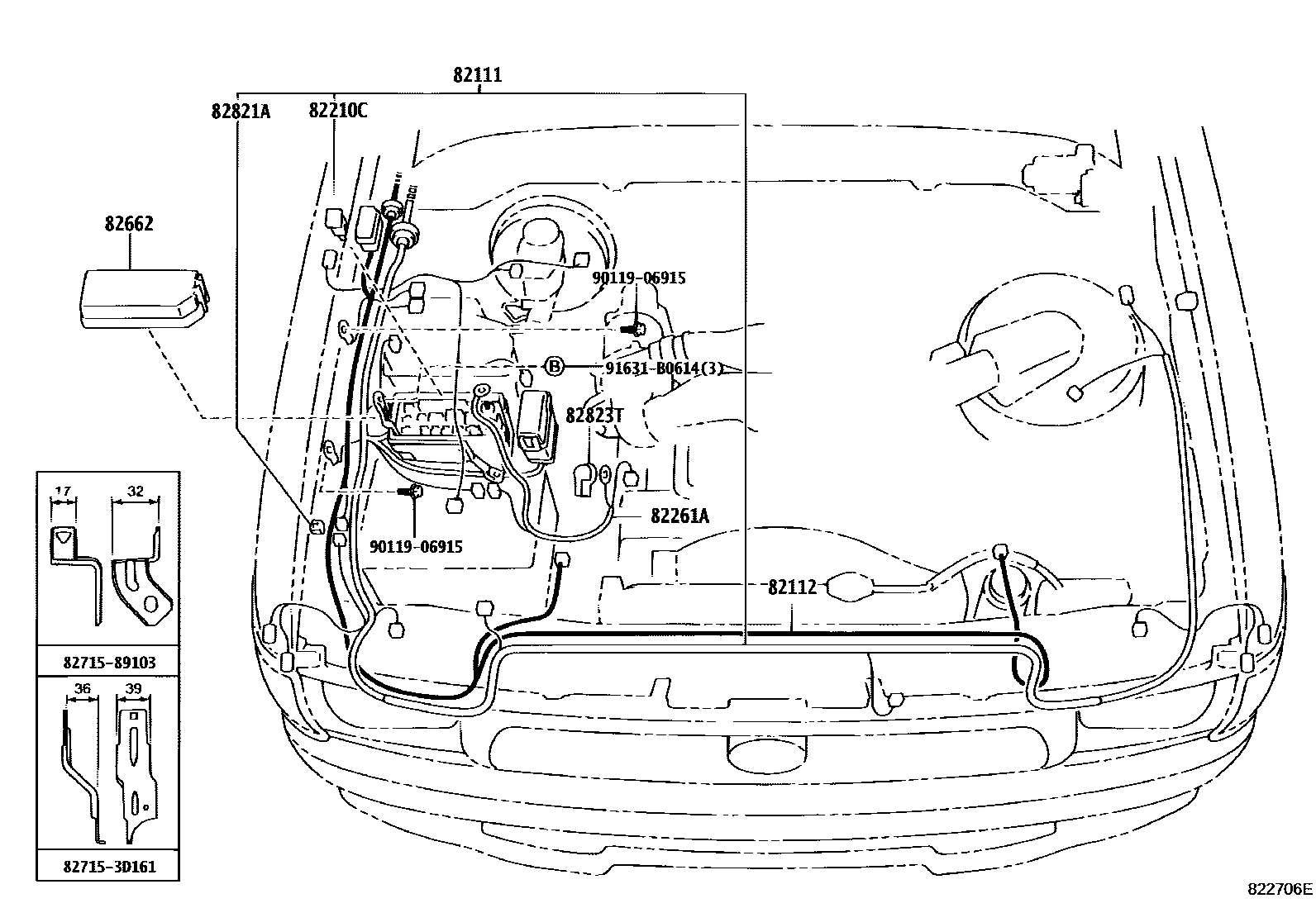Toyota HILUX 线束和卡夹 EPC diagram — 822706E