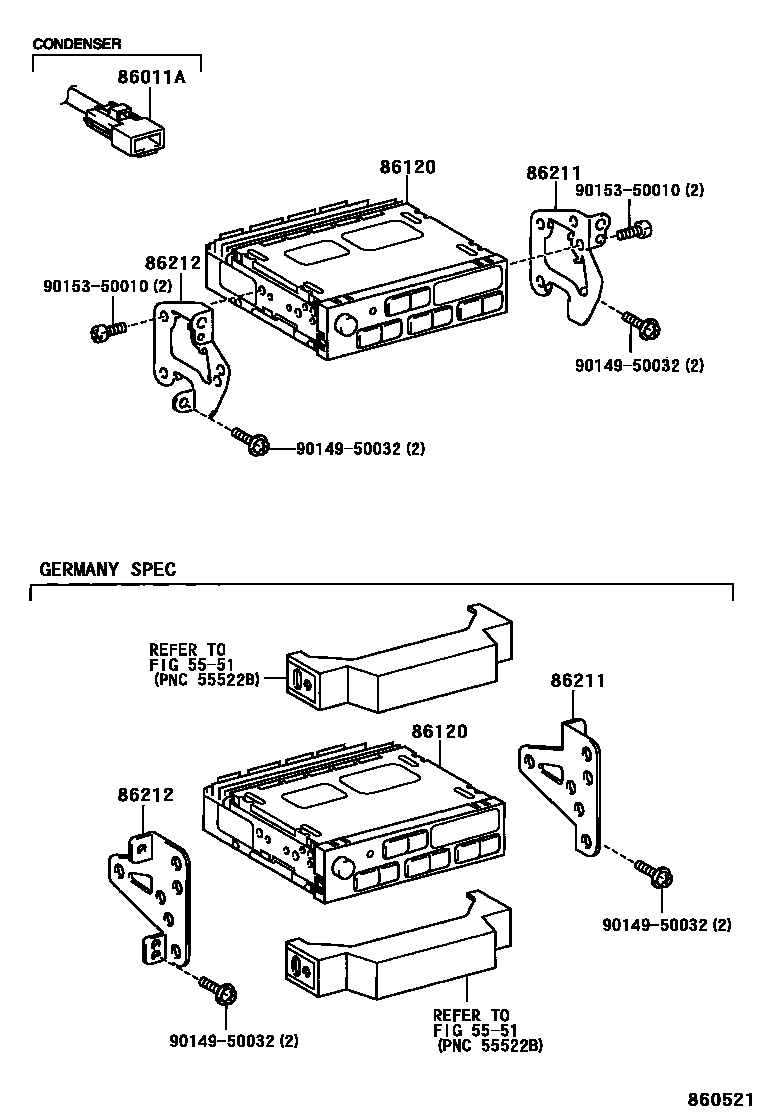 Toyota HILUX 收音机、放大器和冷凝器 EPC diagram — 860521