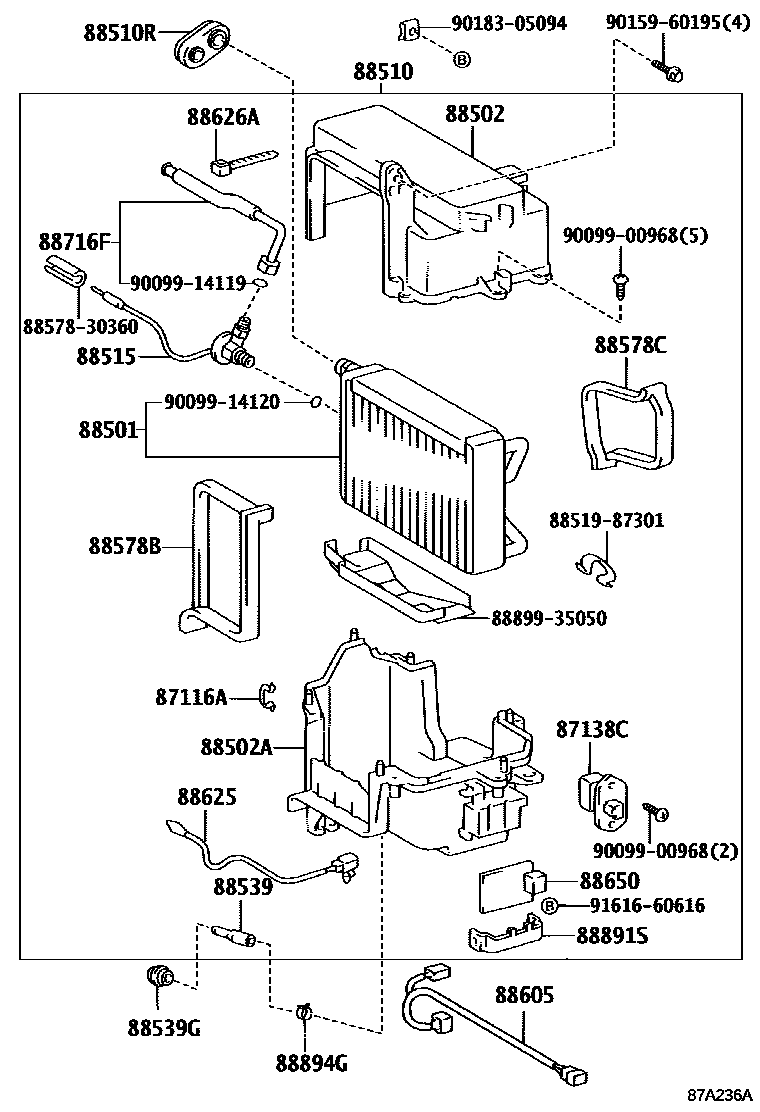 Toyota HILUX 暖风和空调系统 - 冷却器组件 EPC diagram — 87A236A
