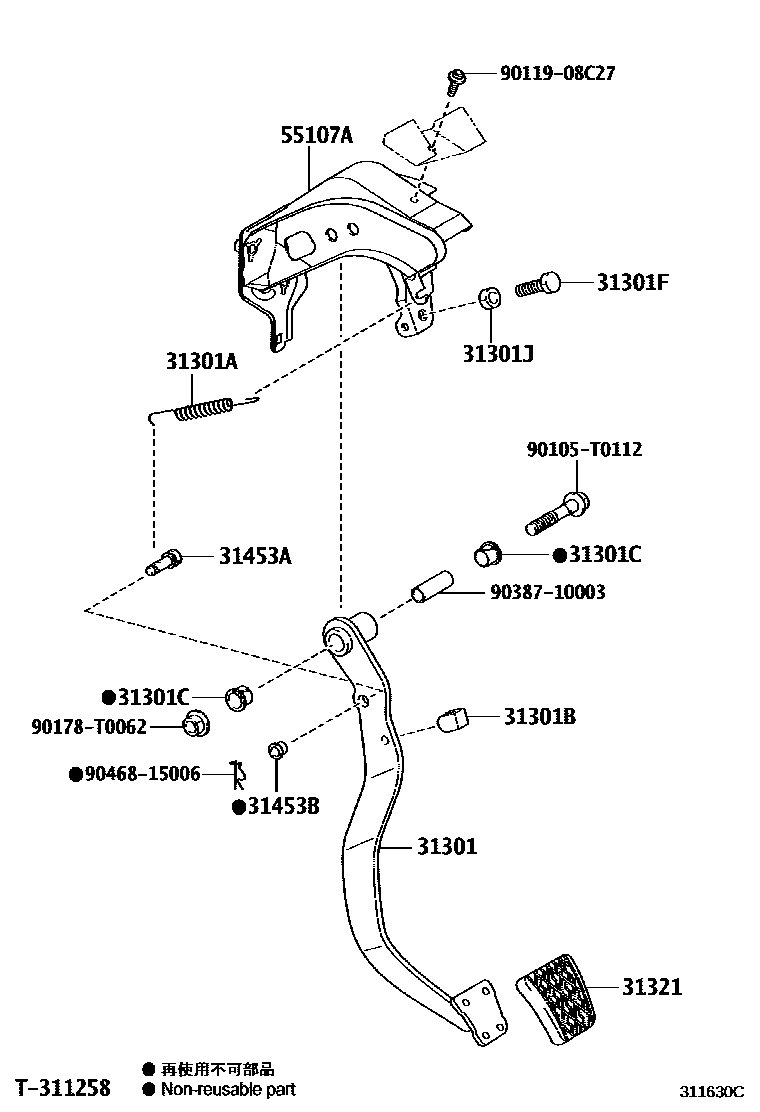 Toyota HILUX 离合器踏板和挠性软管 EPC diagram — 311630C
