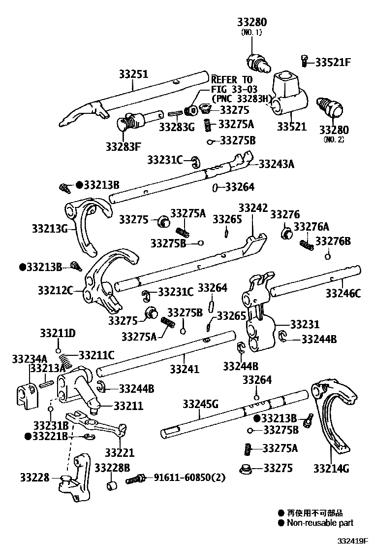 Toyota HILUX 换档拨叉和换档杆轴(MTM) EPC diagram — 332419F