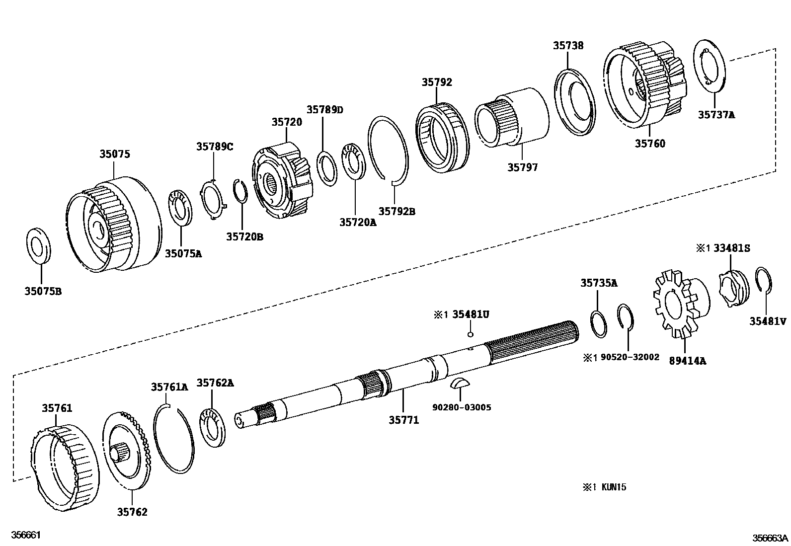 Toyota HILUX 行星齿轮、倒档活塞和中间轴齿轮(ATM) EPC diagram — 356663A
