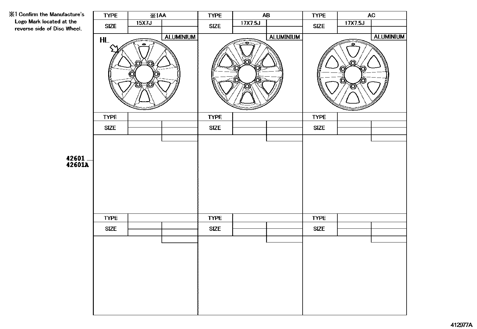 Toyota HILUX 车轮和车轮盖 EPC diagram — 412977A