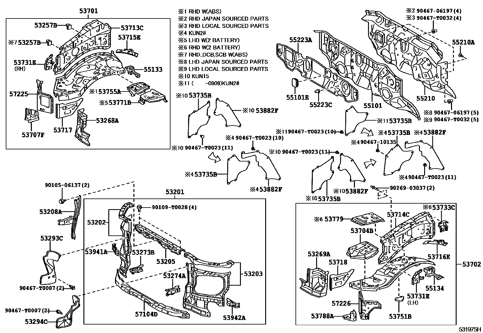 Toyota HILUX 前翼子板挡泥板和前围板 EPC diagram — 531975H