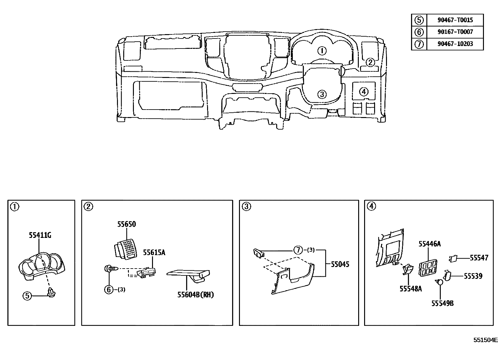 Toyota HILUX 仪表板和手套箱 EPC diagram — 551504E