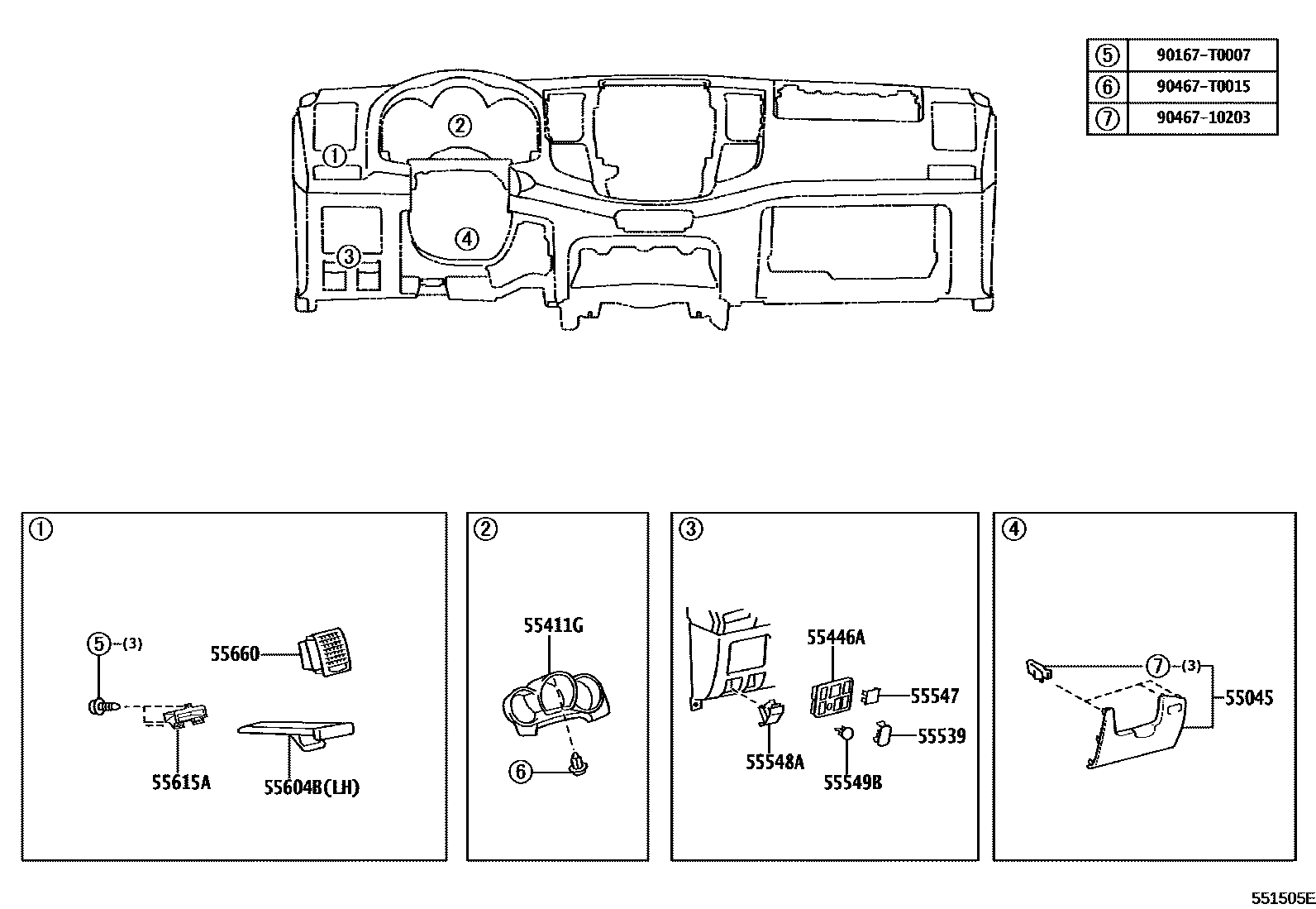 Toyota HILUX 仪表板和手套箱 EPC diagram — 551505E