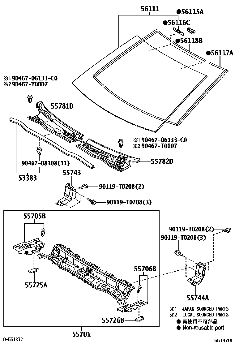 Toyota HILUX 前围板和挡风玻璃 EPC diagram — 551470I