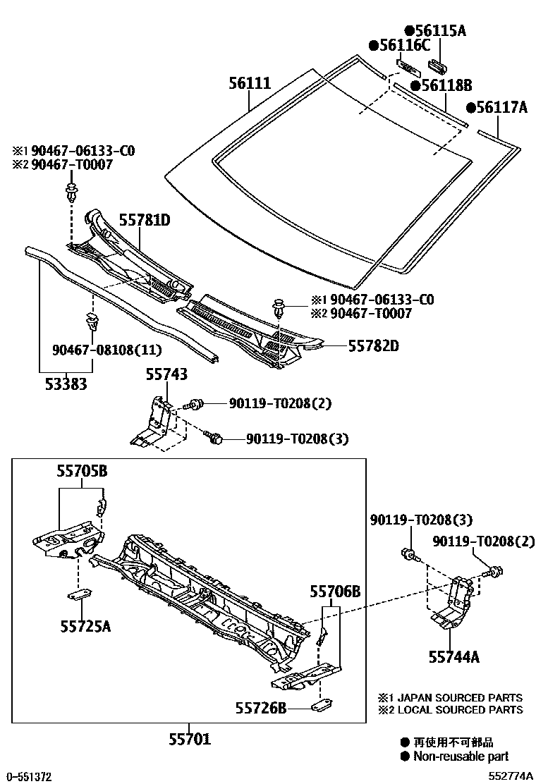 Toyota HILUX 前围板和挡风玻璃 EPC diagram — 552774A