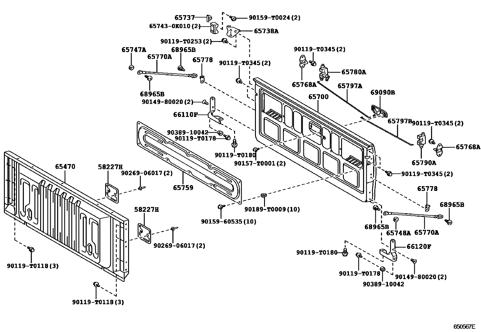 Toyota HILUX 后车身防护架和背门 EPC diagram — 650567E