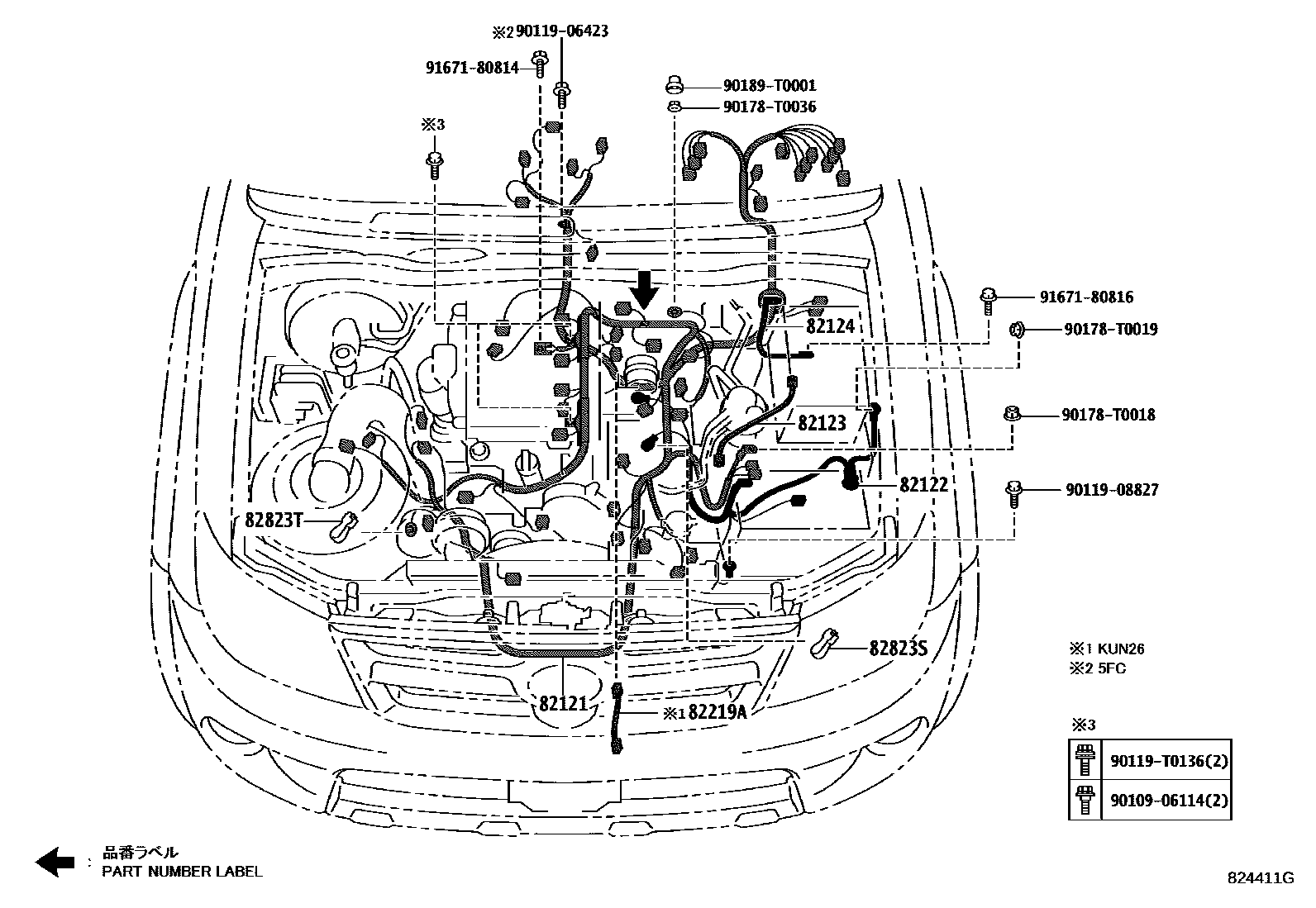 Toyota HILUX 线束和卡夹 EPC diagram — 824411G