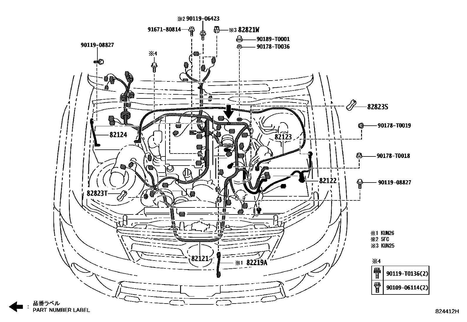 Toyota HILUX 线束和卡夹 EPC diagram — 824412H