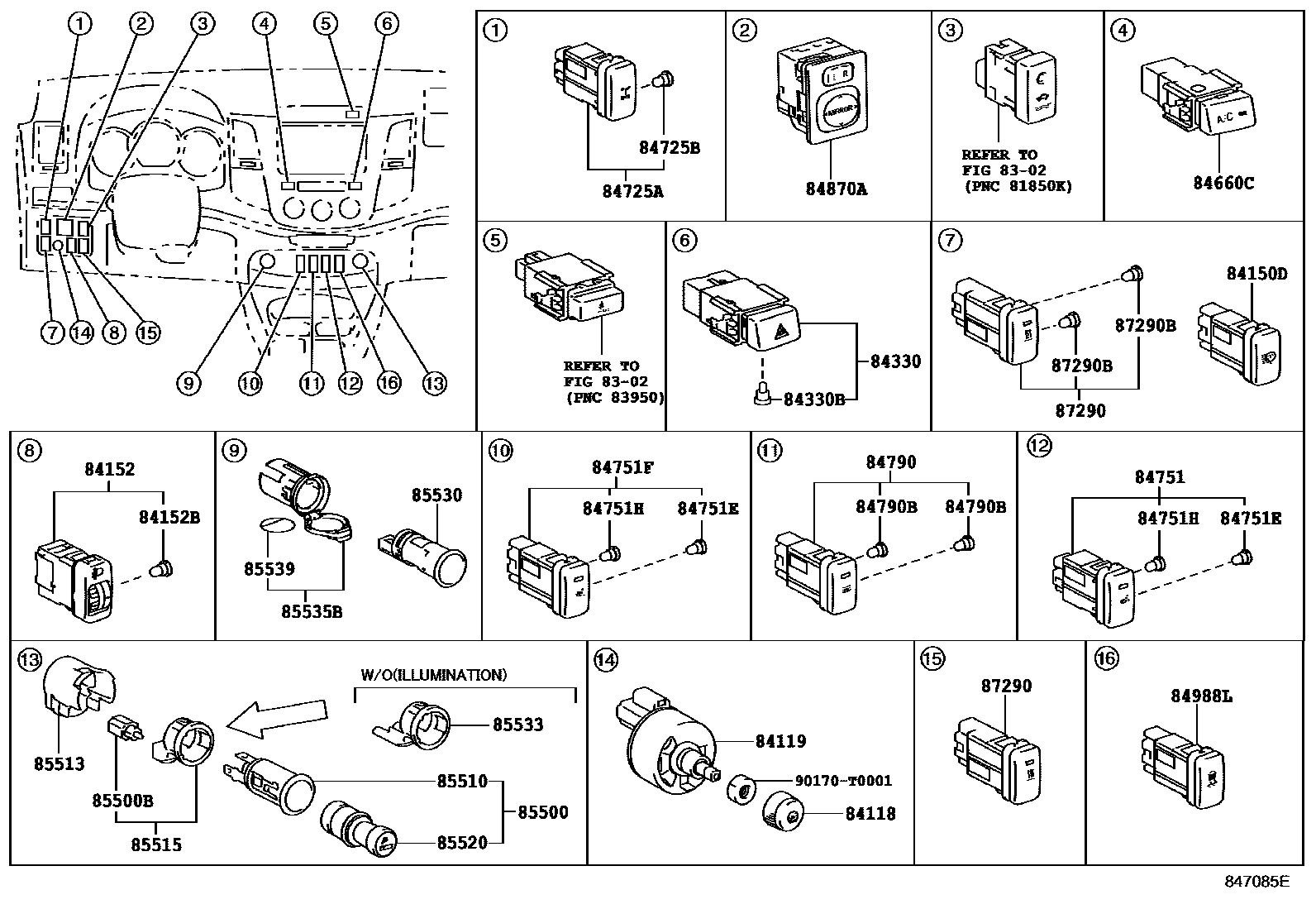 Toyota HILUX 开关和继电器和ECU EPC diagram — 847085E