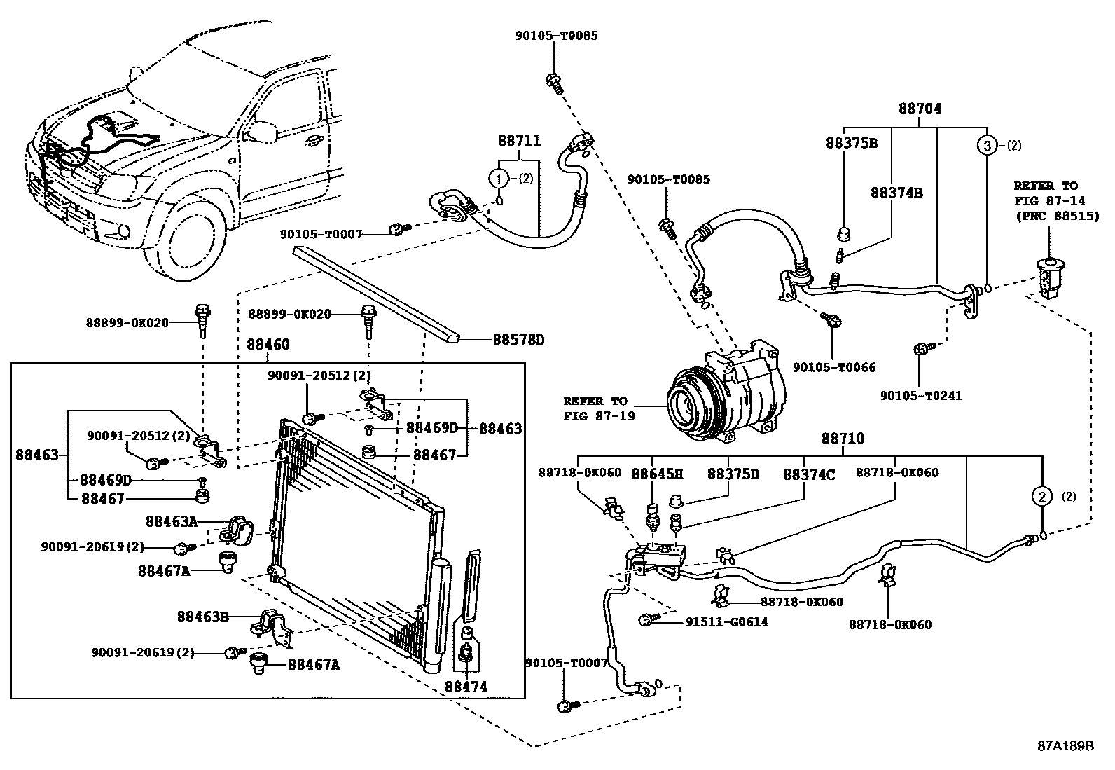 Toyota HILUX Heating & Air Conditioning - Cooler Piping EPC diagram — 87A189B
