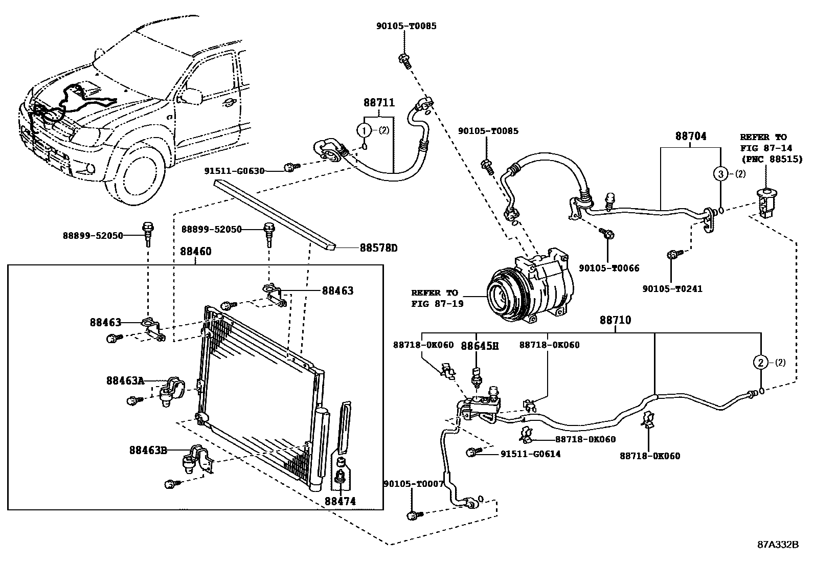 Toyota HILUX Heating & Air Conditioning - Cooler Piping EPC diagram — 87A332B