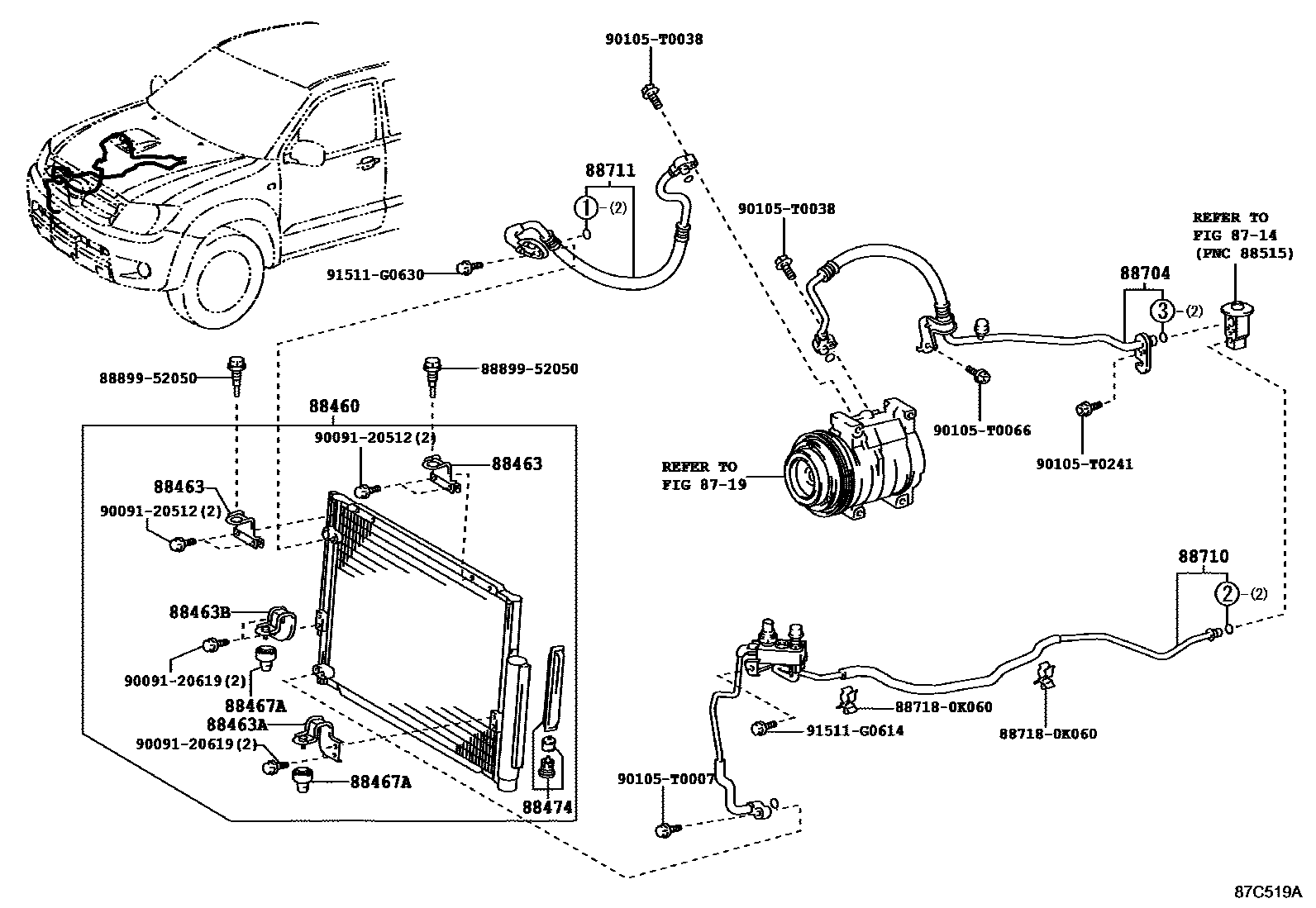 Toyota HILUX Heating & Air Conditioning - Cooler Piping EPC diagram — 87C519A