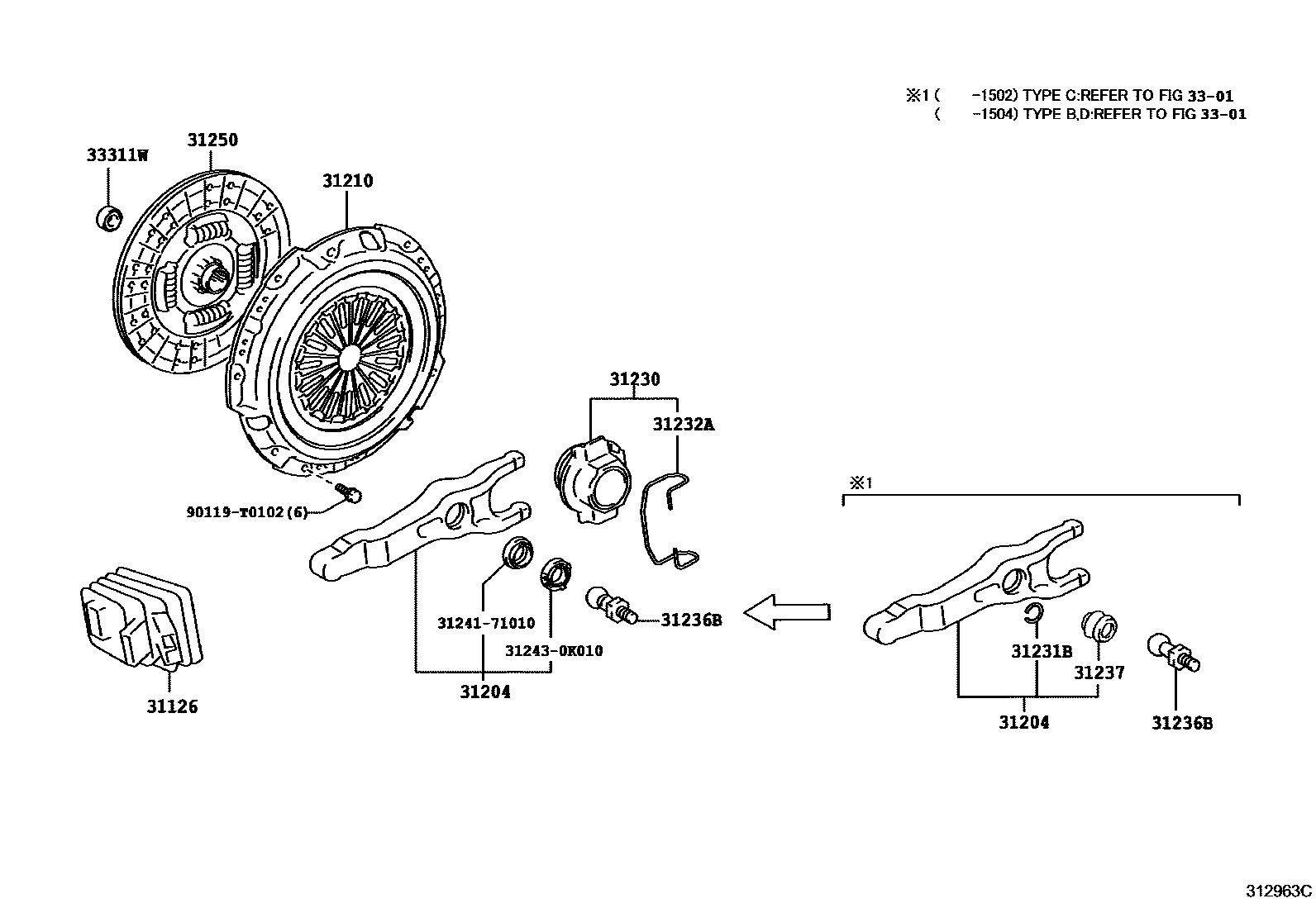 Toyota HILUX 离合器和分离叉 EPC diagram — 312963C