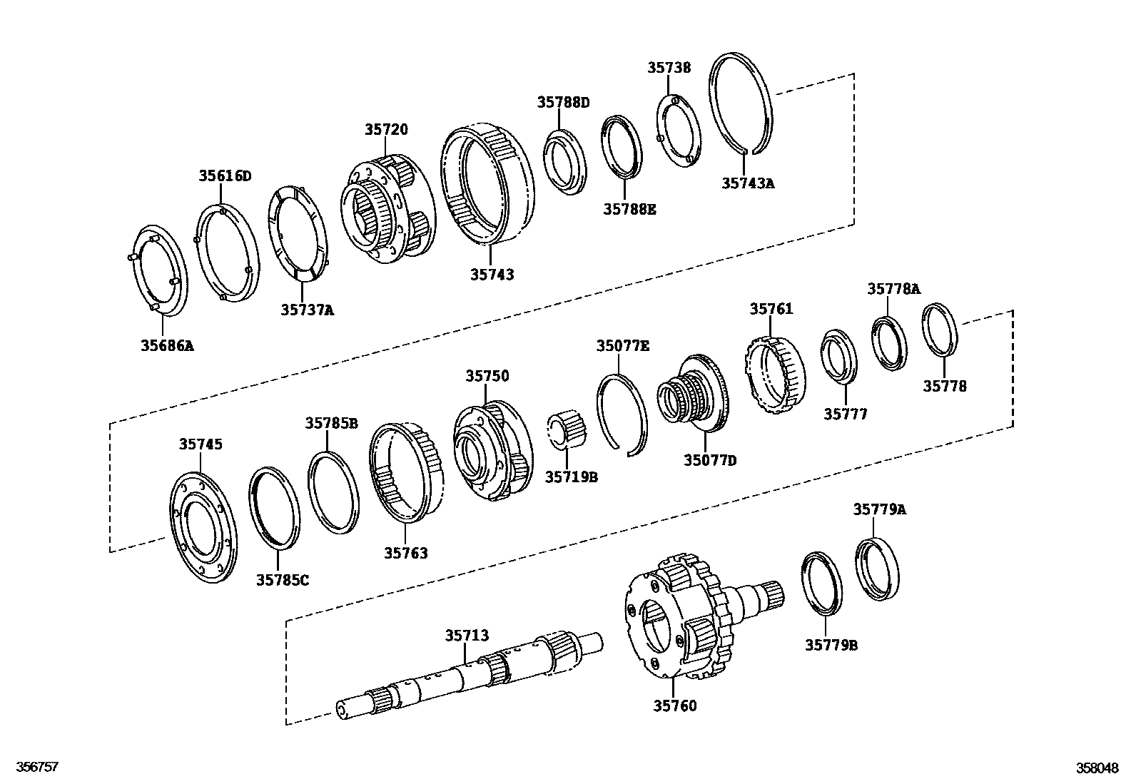 Toyota HILUX 行星齿轮、倒档活塞和中间轴齿轮(ATM) EPC diagram — 358048