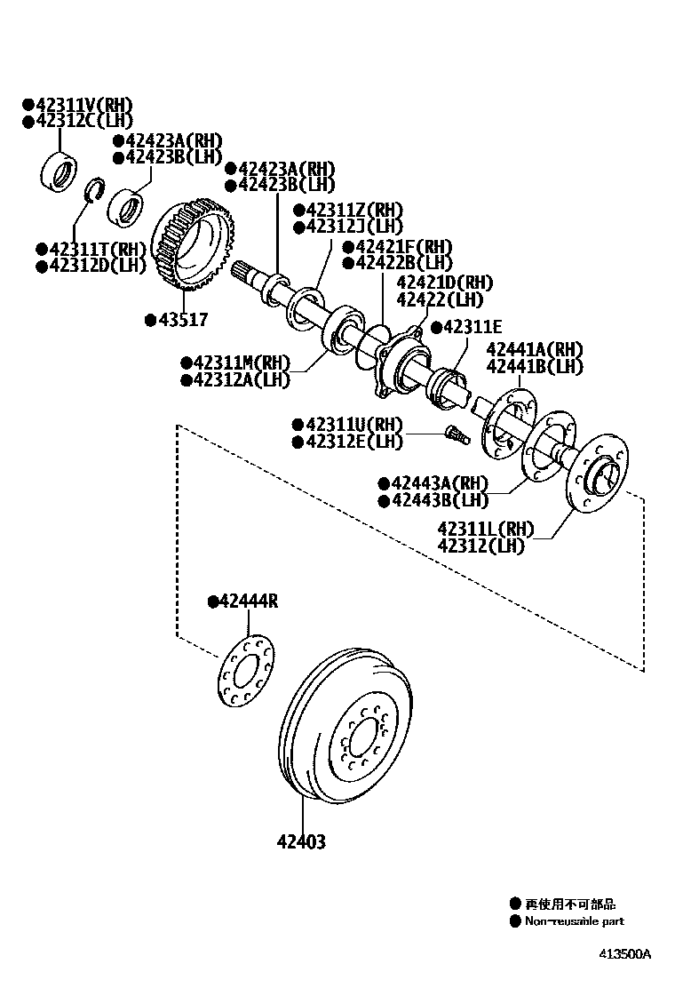 Toyota HILUX 后桥半轴和后桥轮毂 EPC diagram — 413500A