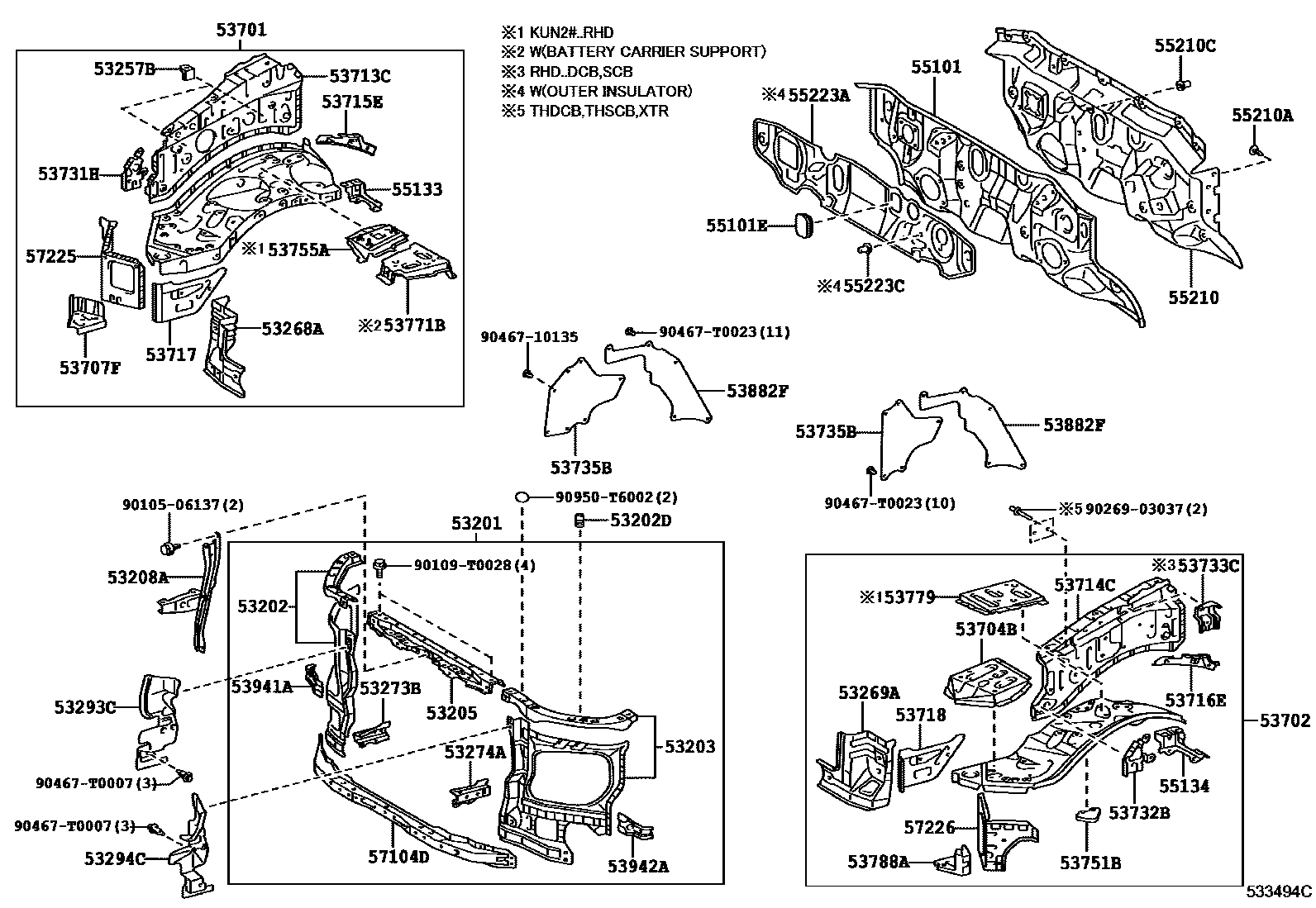 Toyota HILUX 前翼子板挡泥板和前围板 EPC diagram — 533494C