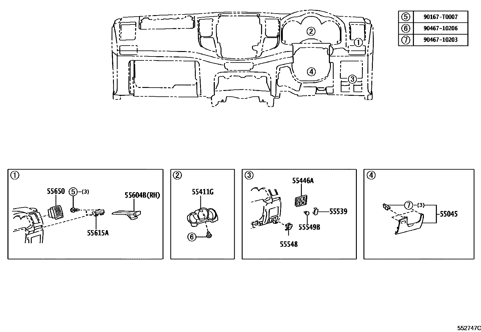 Toyota HILUX 仪表板和手套箱 EPC diagram — 552747G