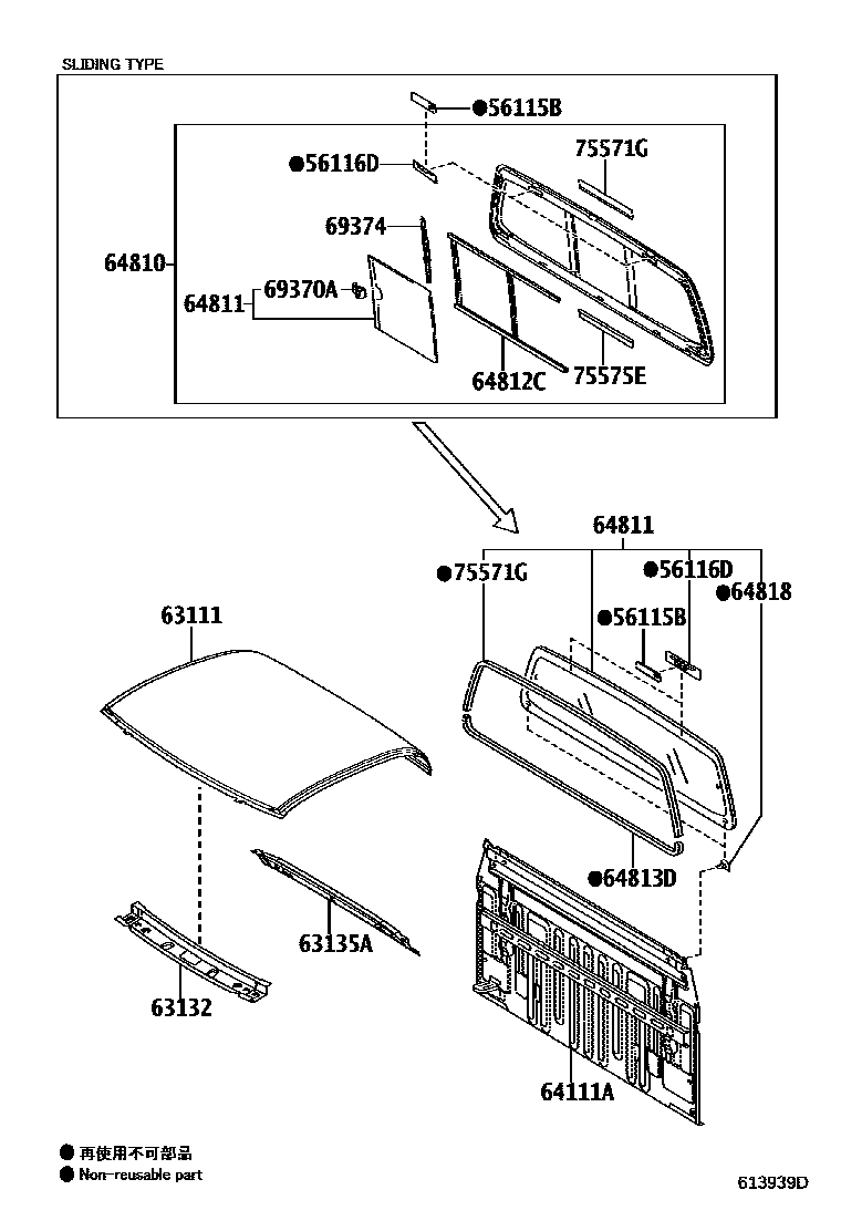Toyota HILUX 天窗板和背板 EPC diagram — 613939D
