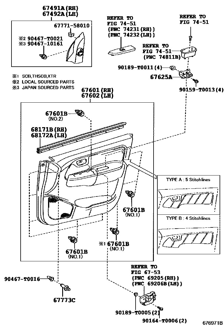 Toyota HILUX 前门板和前门玻璃 EPC diagram — 676971B