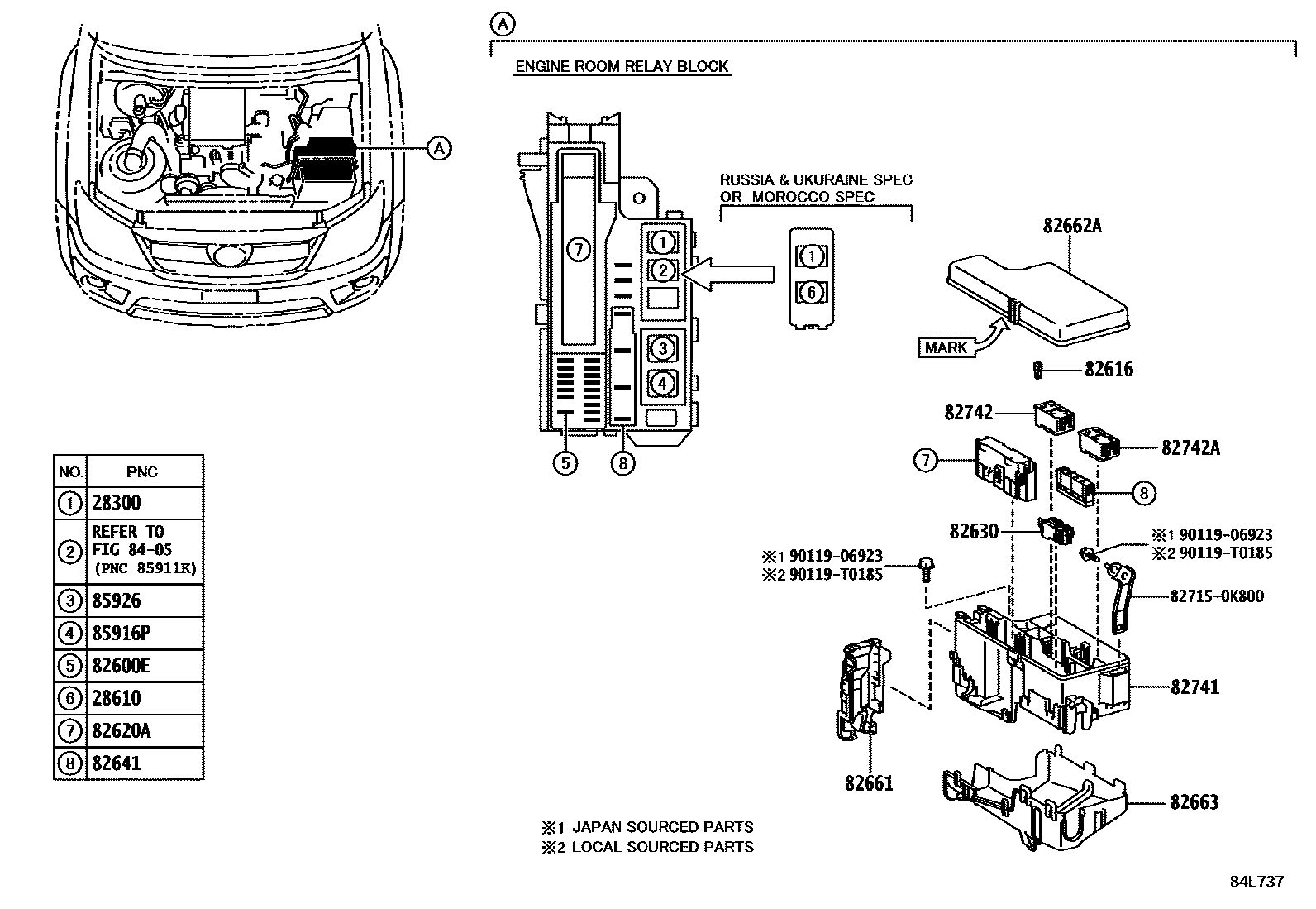 Toyota HILUX 开关和继电器和ECU EPC diagram — 84L737