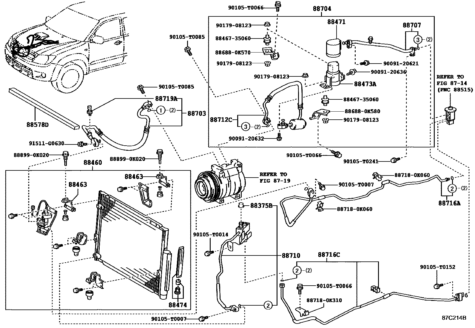 Toyota HILUX Heating & Air Conditioning - Cooler Piping EPC diagram — 87C214B