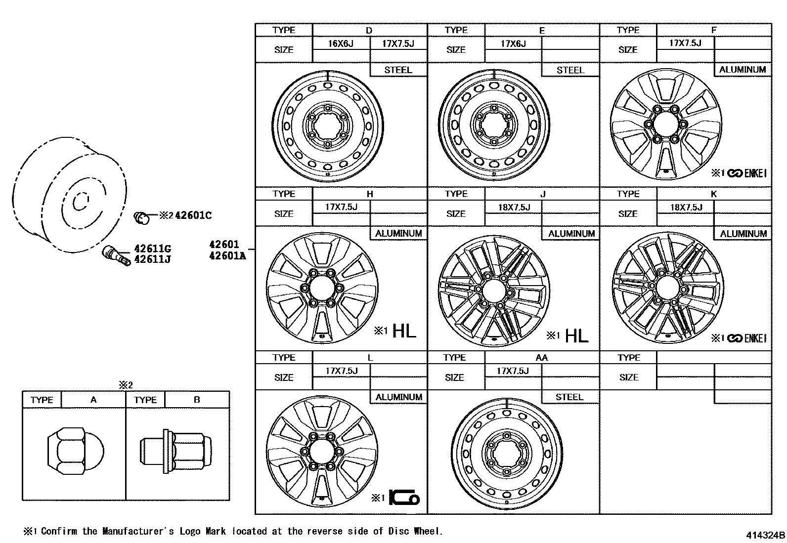 Toyota HILUX 车轮和车轮盖 EPC diagram — 414324B