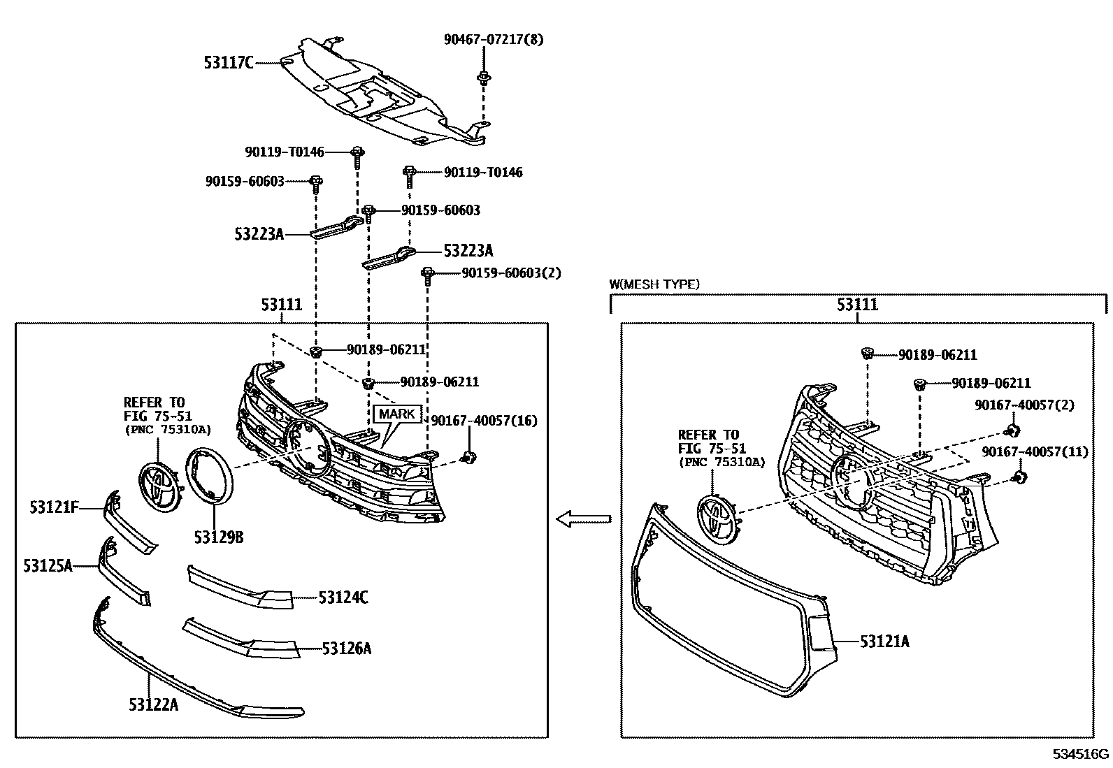 Toyota HILUX radiator grille EPC diagram — 534516G