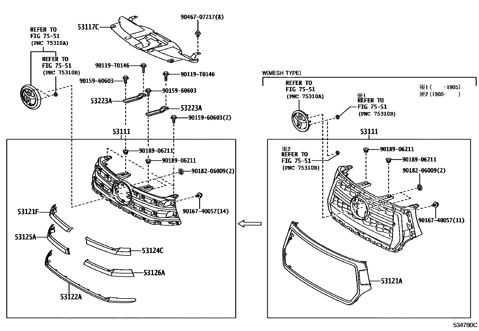 Toyota HILUX radiator grille EPC diagram — 534780C