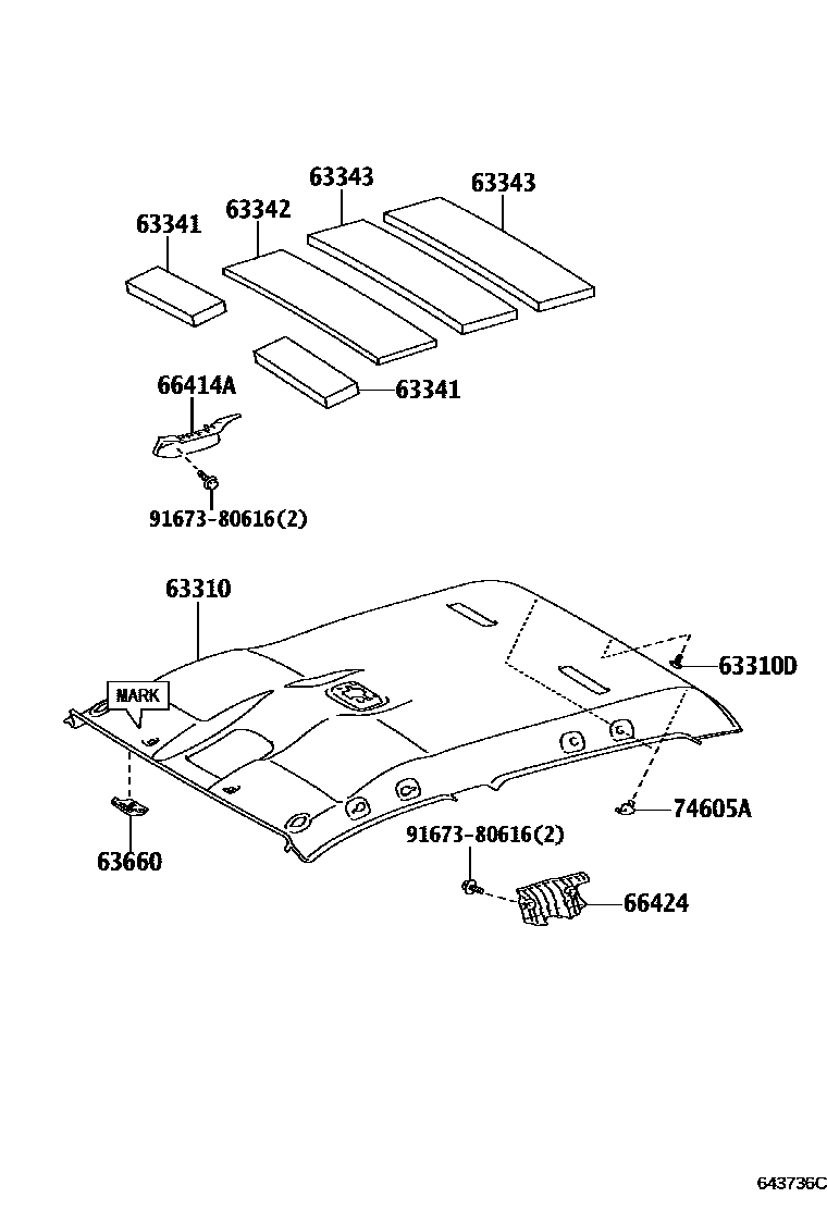 Toyota HILUX 车顶内衬和消声垫 EPC diagram — 643736C