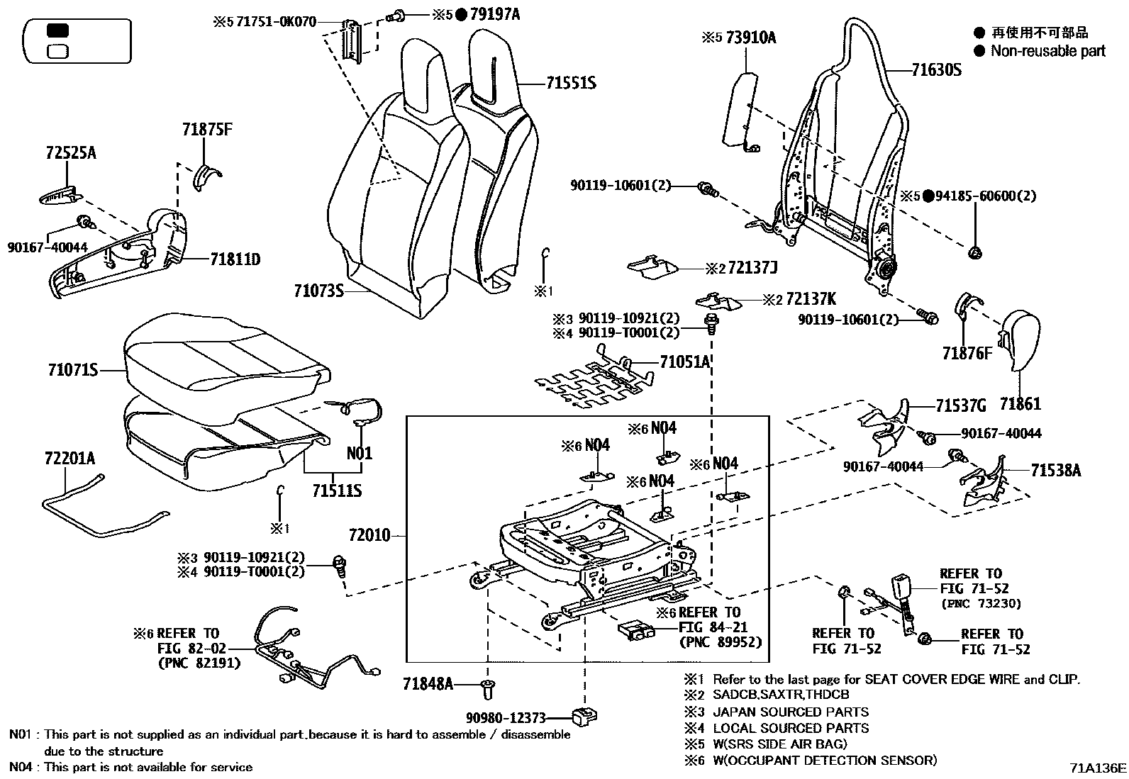 Toyota HILUX 座椅和座椅滑轨 EPC diagram — 71A136E