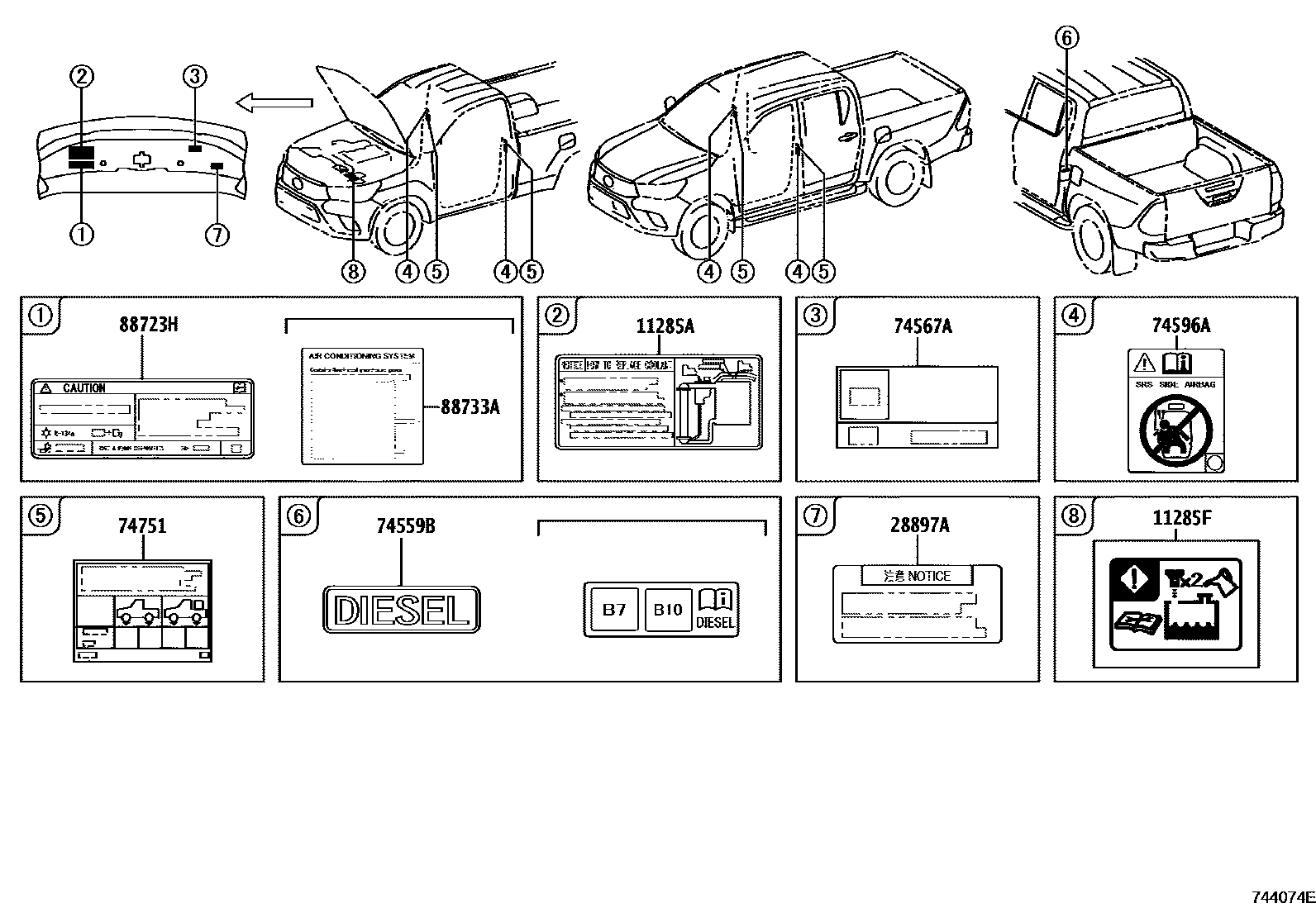 Toyota HILUX warning nameplate EPC diagram — 744074E