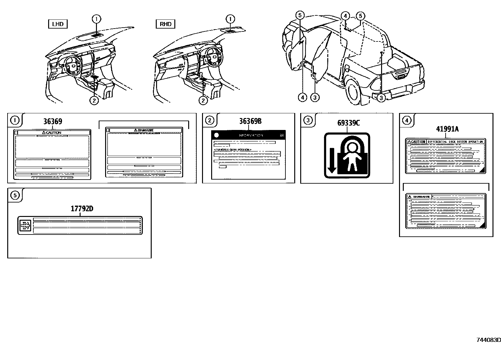 Toyota HILUX warning nameplate EPC diagram — 744083D