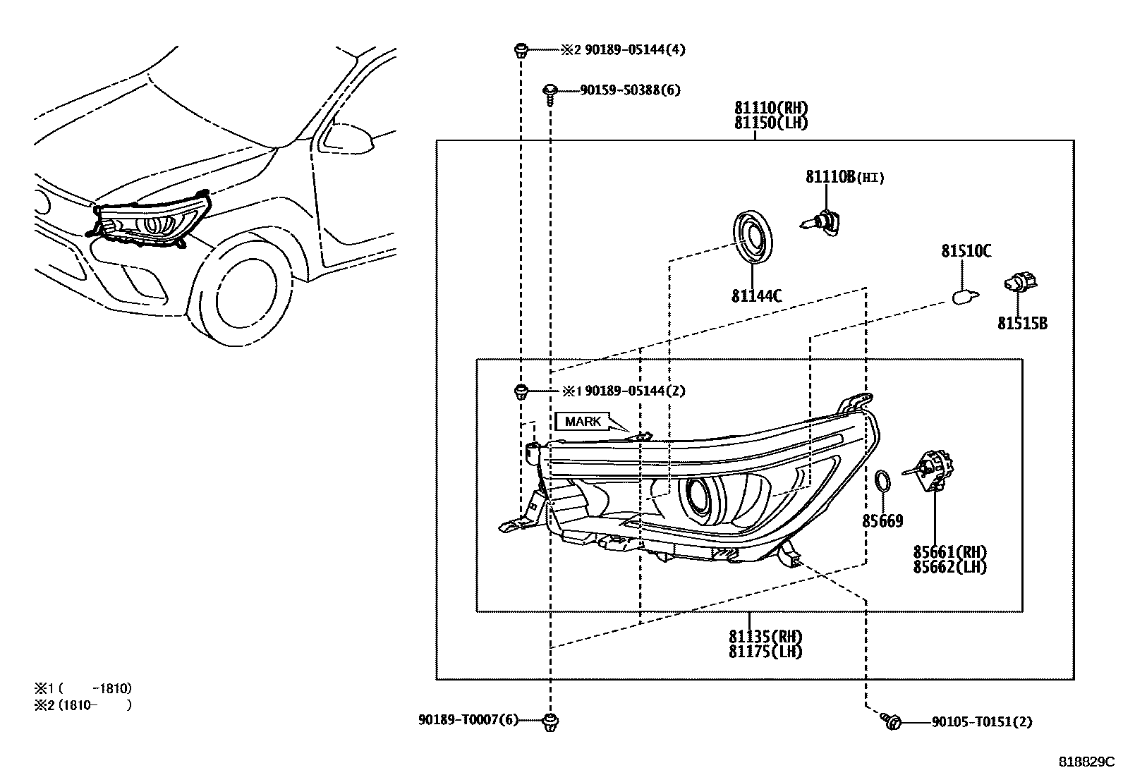 Toyota HILUX Headlamp EPC diagram — 818829C