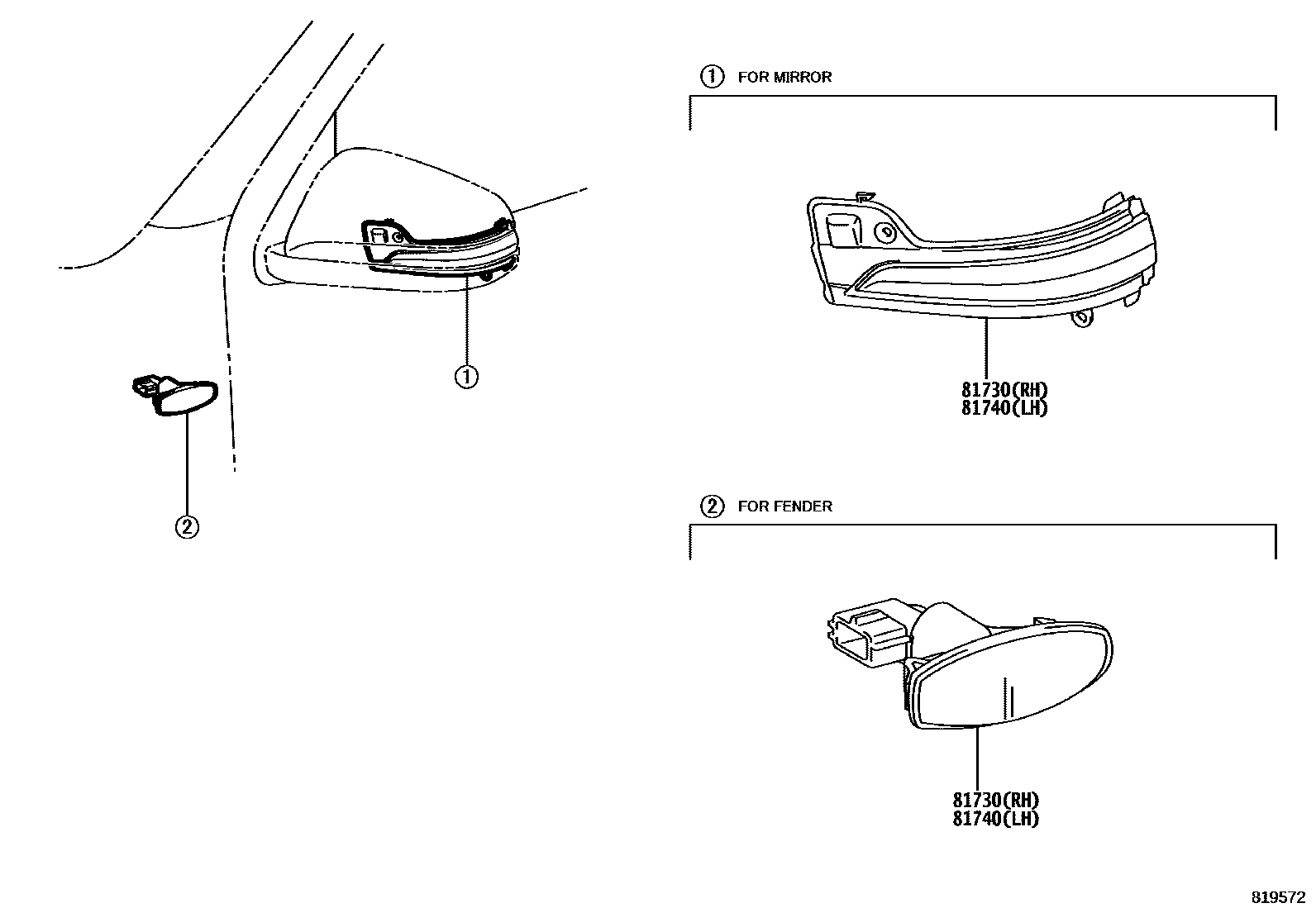 Toyota HILUX Side Turn Signal & Outer Mirror Lamp EPC diagram — 819572