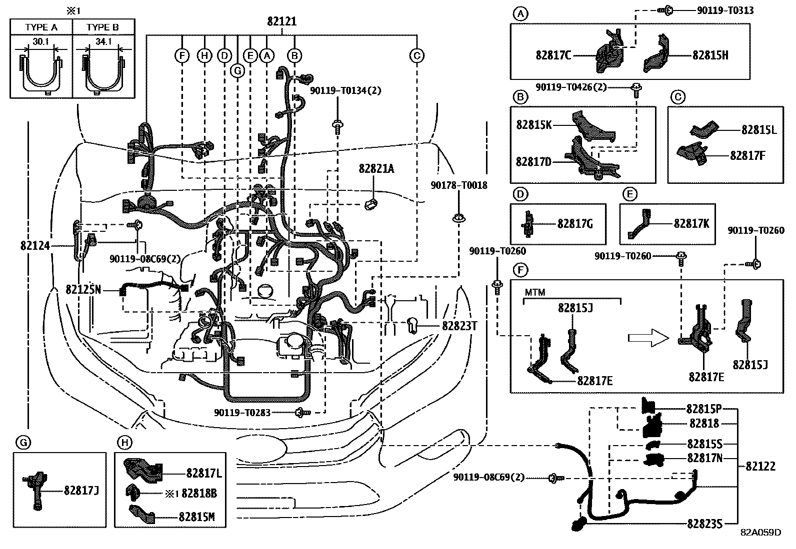 Toyota HILUX 线束和卡夹 EPC diagram — 82A059E