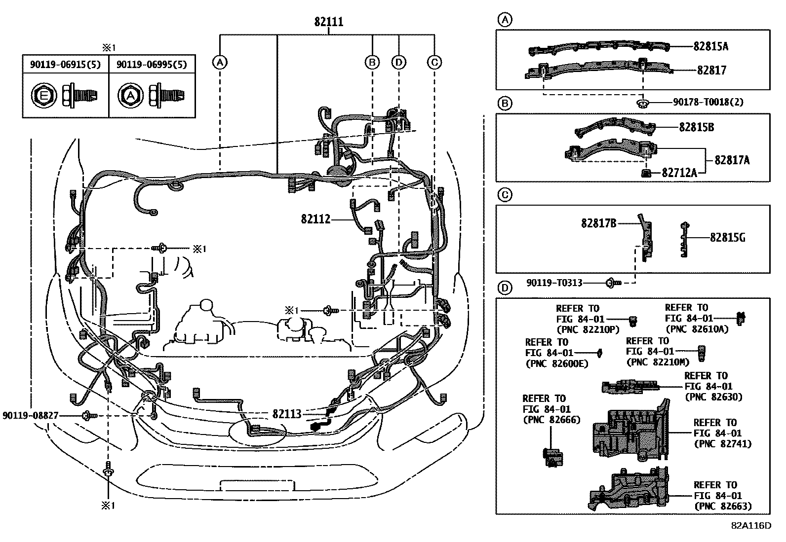 Toyota HILUX 线束和卡夹 EPC diagram — 82A116D