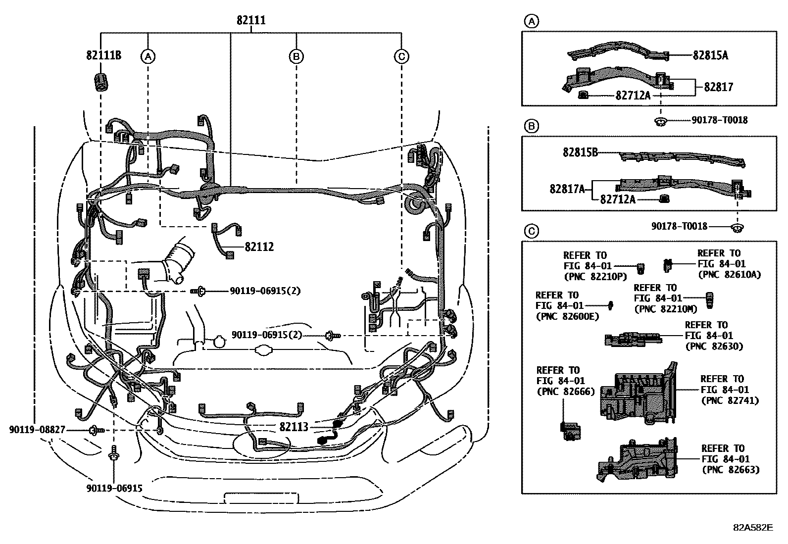 Toyota HILUX 线束和卡夹 EPC diagram — 82A582E