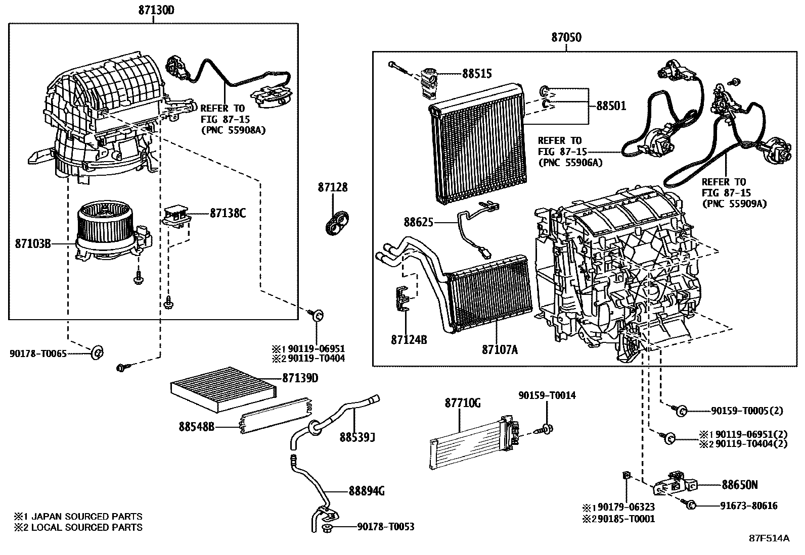 Toyota HILUX 暖风和空调系统 - 冷却器组件 EPC diagram — 87F514A
