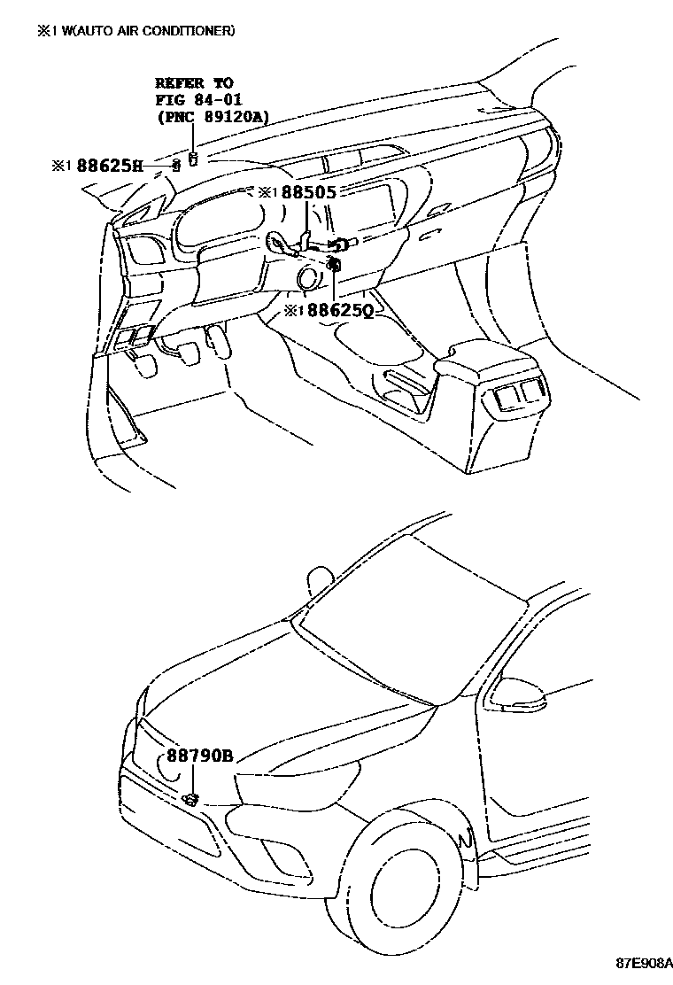 Toyota HILUX 暖风和空调系统 - 控制器和风管 EPC diagram — 87E908A
