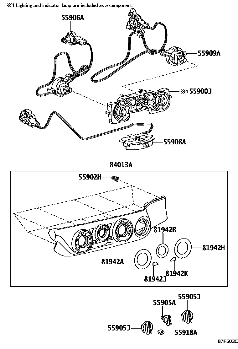 Toyota HILUX 暖风和空调系统 - 控制器和风管 EPC diagram — 87F503C
