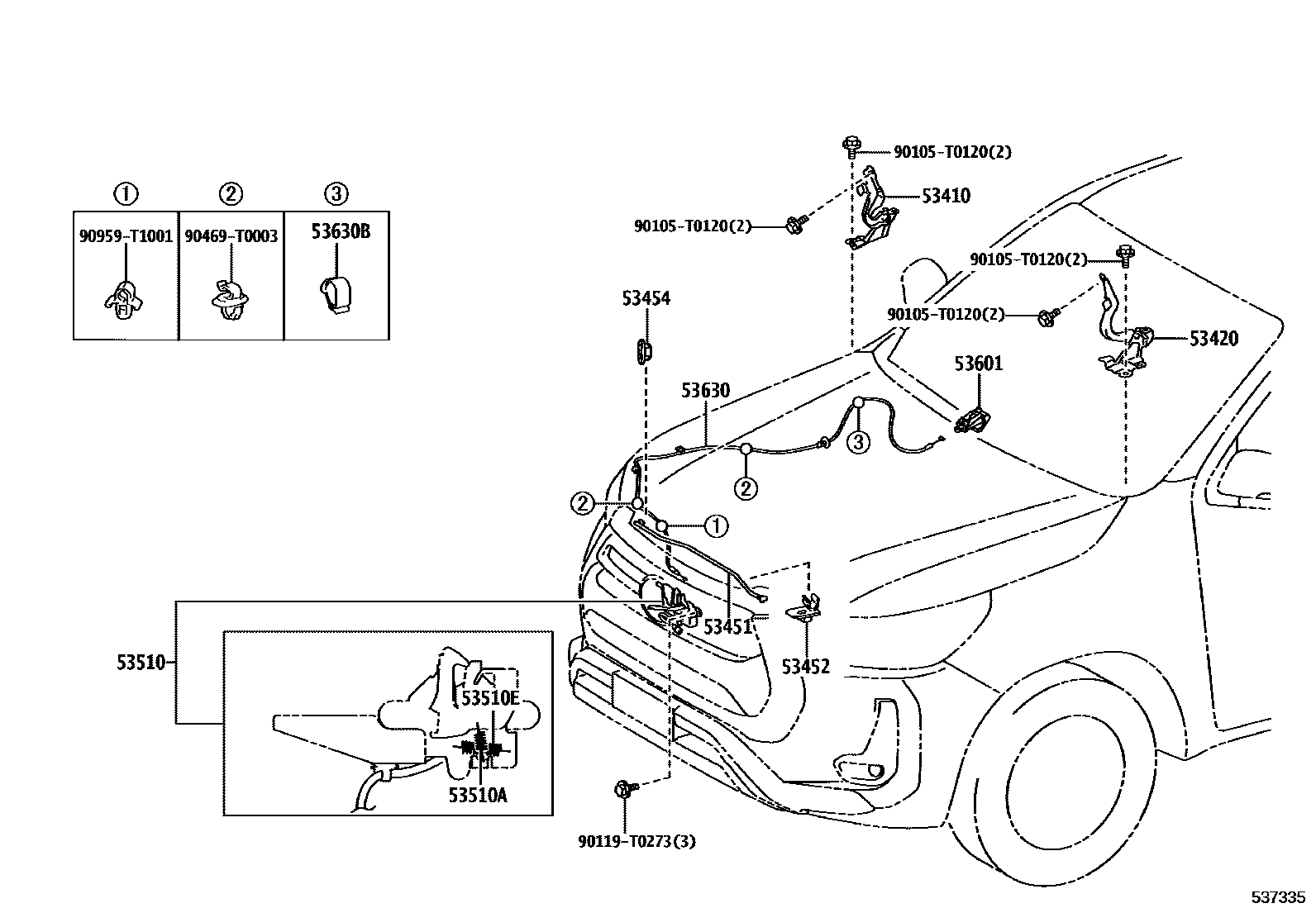 Toyota HILUX 发动机盖锁和铰链 EPC diagram — 537335