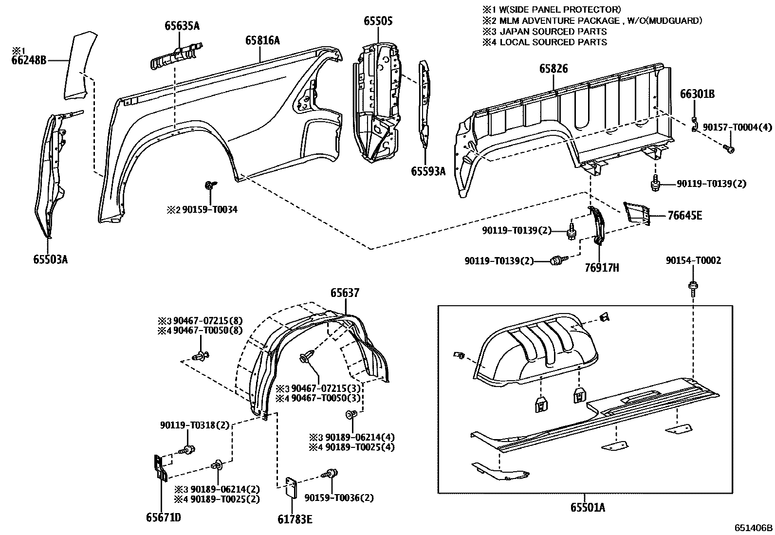 Toyota HILUX 后车身侧面板 EPC diagram — 651406B