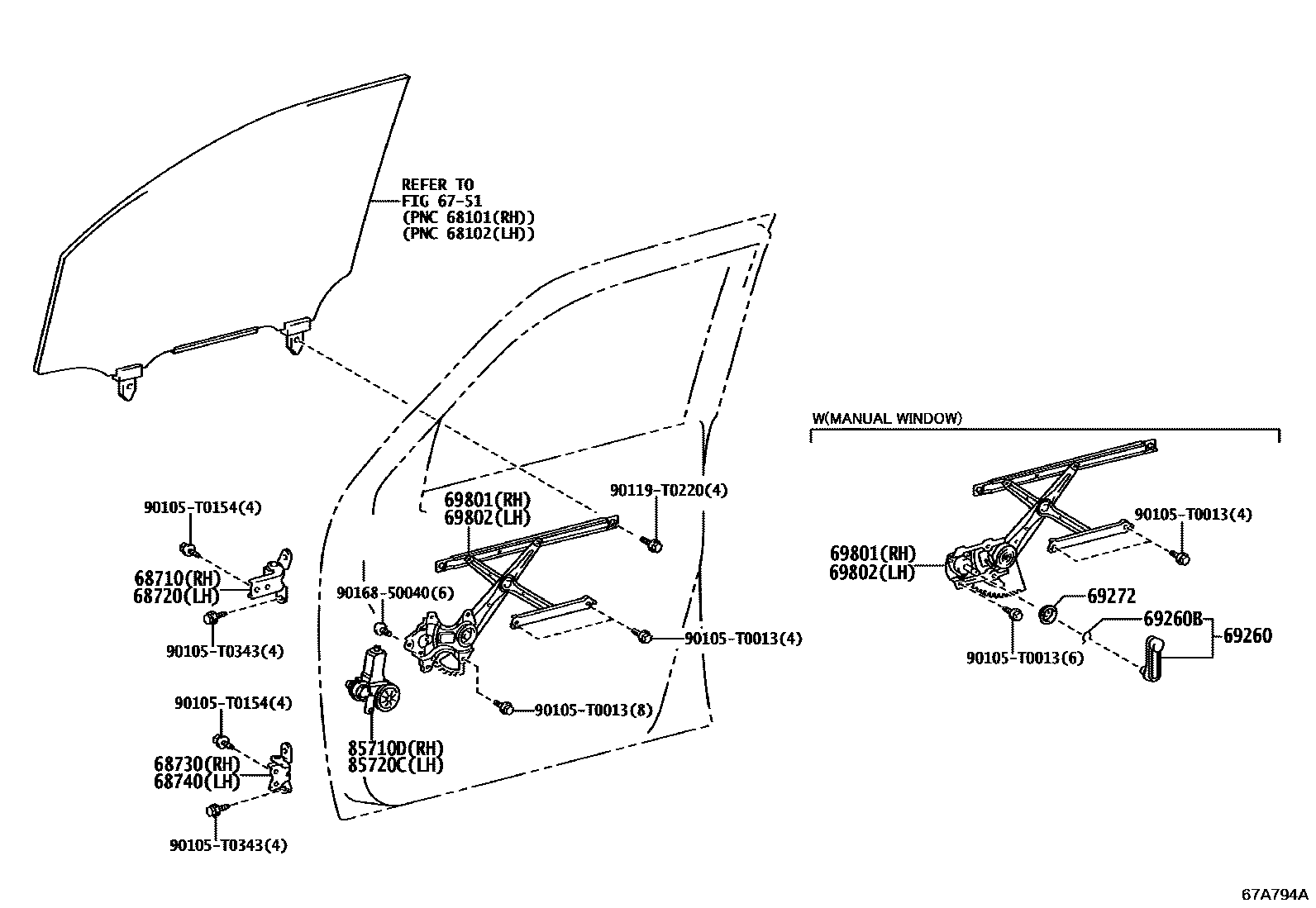 Toyota HILUX 前门车窗升降器和合页 EPC diagram — 67A794A