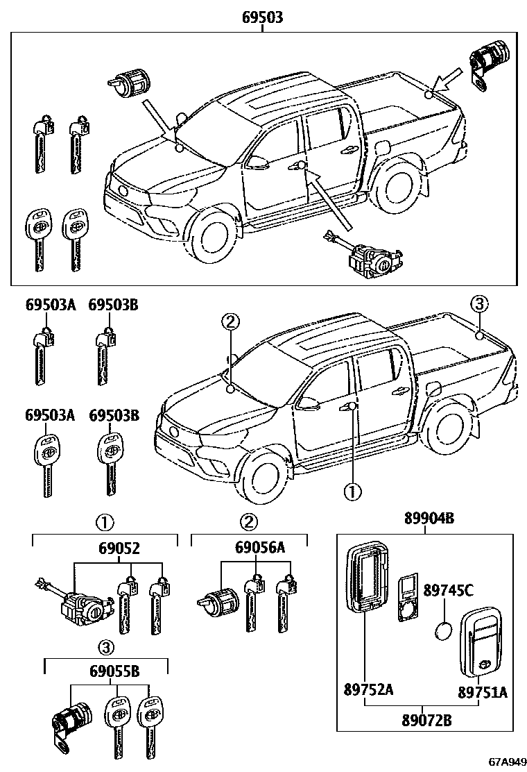Toyota HILUX 锁芯组件 EPC diagram — 67A949