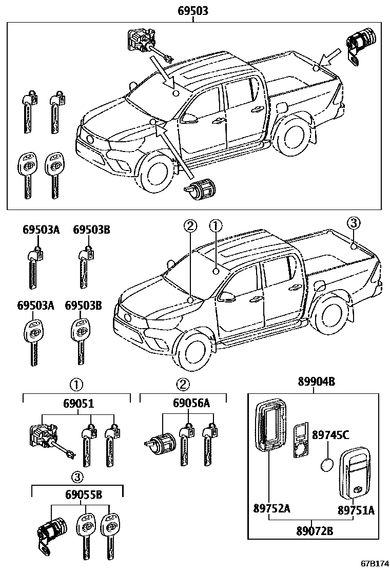Toyota HILUX 锁芯组件 EPC diagram — 67B174