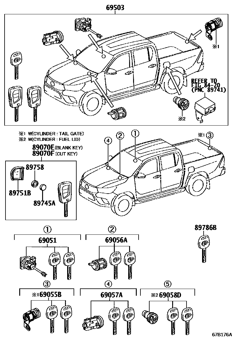 Toyota HILUX 锁芯组件 EPC diagram — 67B176A